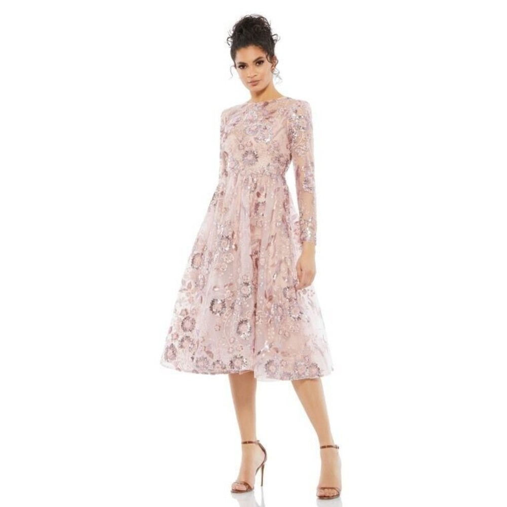 Mac Duggal Sequin Lace Jewel Neck Party Dress Tea Length Size 10 Pink Rose 67849